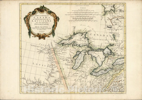 Historic Map : Canada, Louisiana, Great Lakes Region, North America Partie occidentale du Canada et septentrionale 1775 , Vintage Wall Art