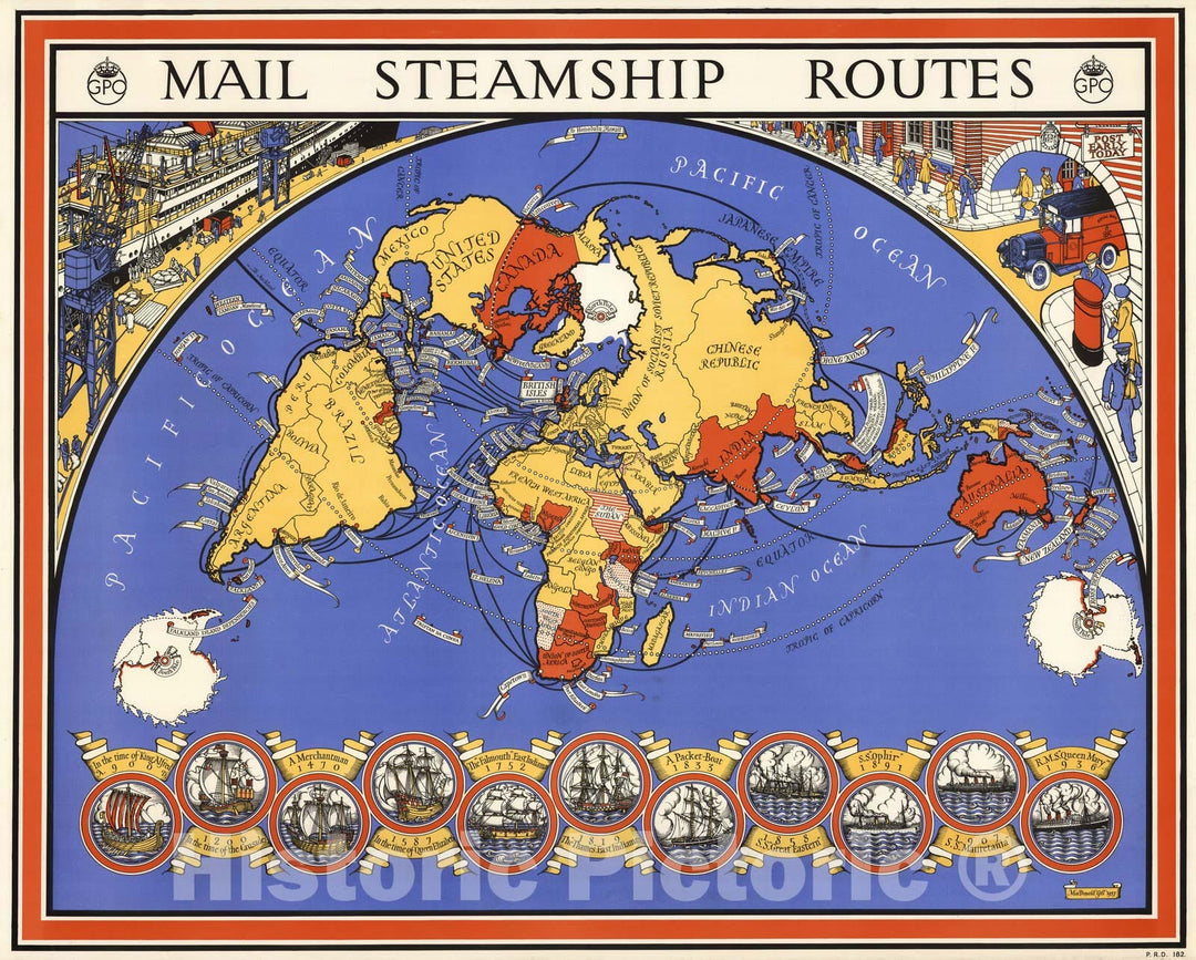 Historic Map : Mail steamship routes. MacDonald Gill, 1937. P.R.D. 182. 1937 - Vintage Wall Art