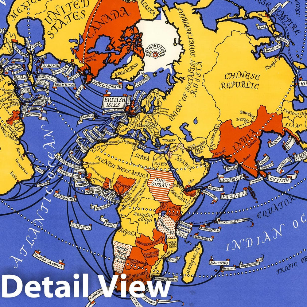 Historic Map : Mail steamship routes. MacDonald Gill, 1937. P.R.D. 182. 1937 - Vintage Wall Art
