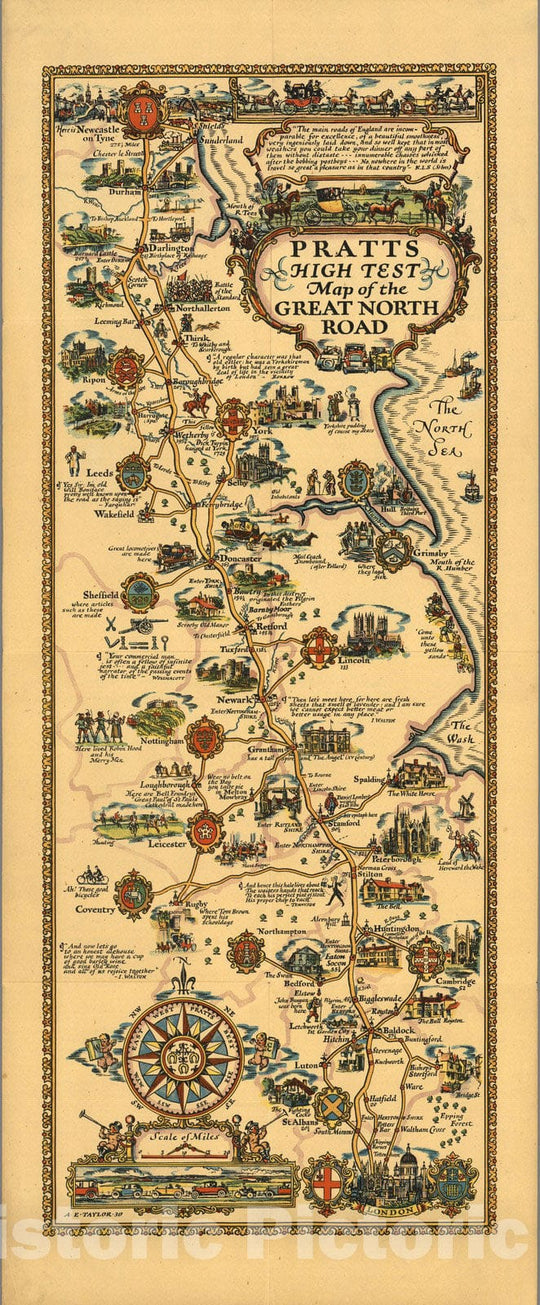 Historic Map : Pratts High Test Map of the Great North Road. A.E. Taylor. 30, 1930 - Vintage Wall Art