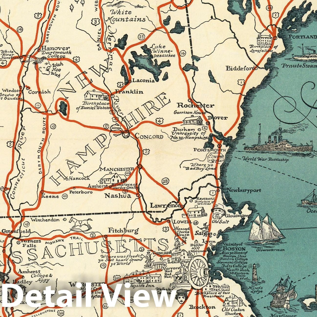 Historic Map - Map of New England : Presented by John Hancock Mutual Life Insurance Company, 1928, - Vintage Wall Art