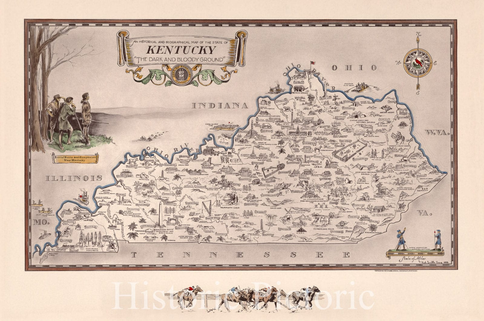 Historic Map : An historical and geographical map of the state of Kentucky, 1939 - Vintage Wall Art