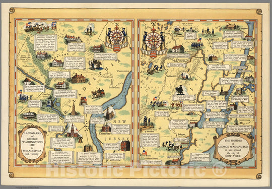 Historic Map : Pocket Map, Landmarks of George Washington's life. The shrines of George Washington 1932 - Vintage Wall Art