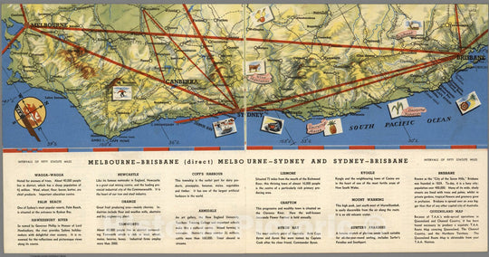 Historic Map : Pamphlet, Melbourne - Brisbane (direct) Melbourne - Sydney and Sydney - Brisbane 1952 - Vintage Wall Art