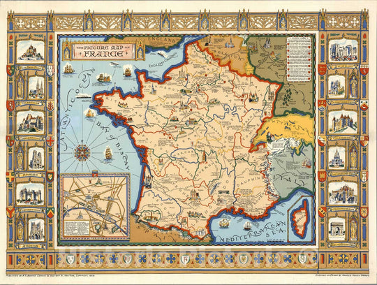 Historic Map : A picture map of France, 1929 - Vintage Wall Art