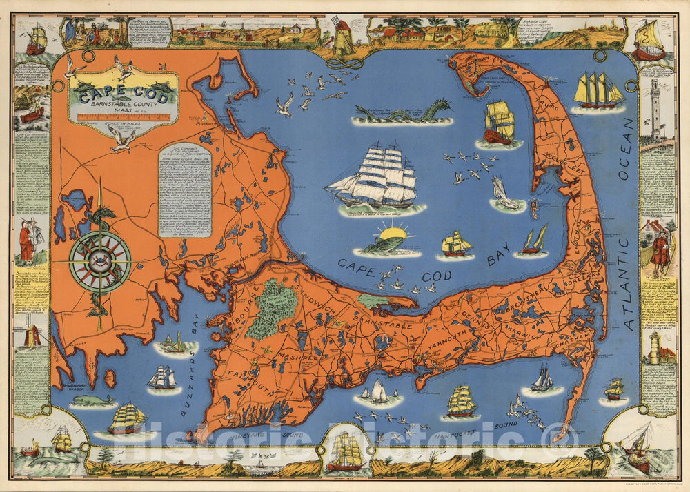 Historic Map : Cape Cod, Barnstable County, Mass. Inc. 1639. Drawn by C.W. Holliday 1937 - Vintage Wall Art