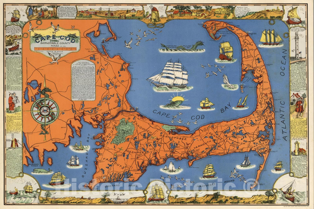 Historic Map : Cape Cod, Barnstable County, Mass. Inc. 1639. Drawn by C.W. Holliday 1937 - Vintage Wall Art