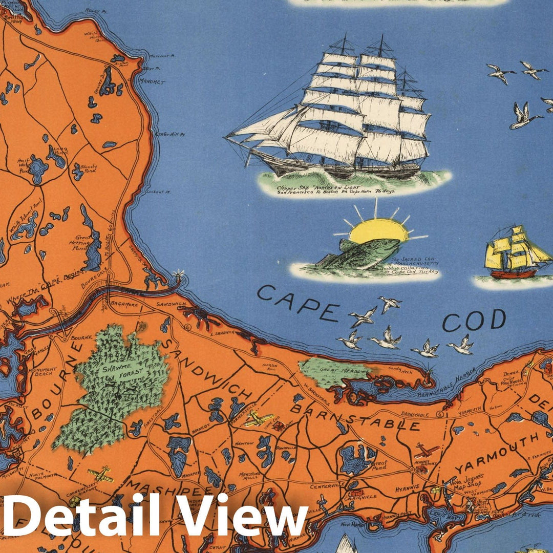 Historic Map : Cape Cod, Barnstable County, Mass. Inc. 1639. Drawn by C.W. Holliday 1937 - Vintage Wall Art