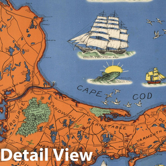 Historic Map : Cape Cod, Barnstable County, Mass. Inc. 1639. Drawn by C.W. Holliday 1937 - Vintage Wall Art