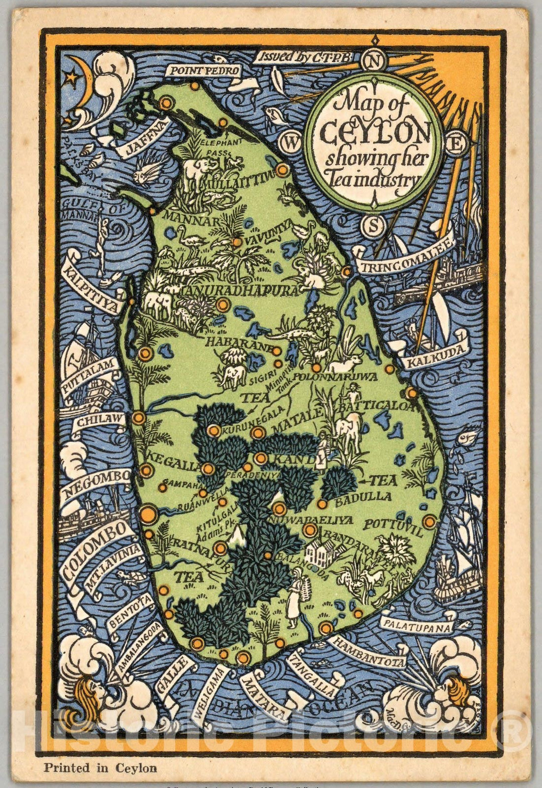 Historic Map : Map of Ceylon showing her Tea industry, 1934 - Vintage Wall Art