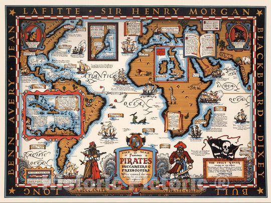 Historic Map : The map of famous pirates Buccaneers and Freebooters, 1938 - Vintage Wall Art