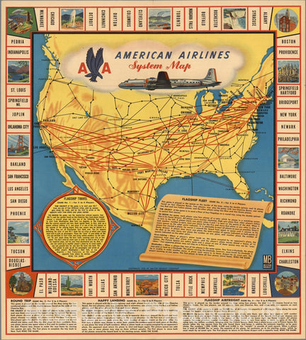 Historic Map : American Airlines System Map, 1955 - Vintage Wall Art