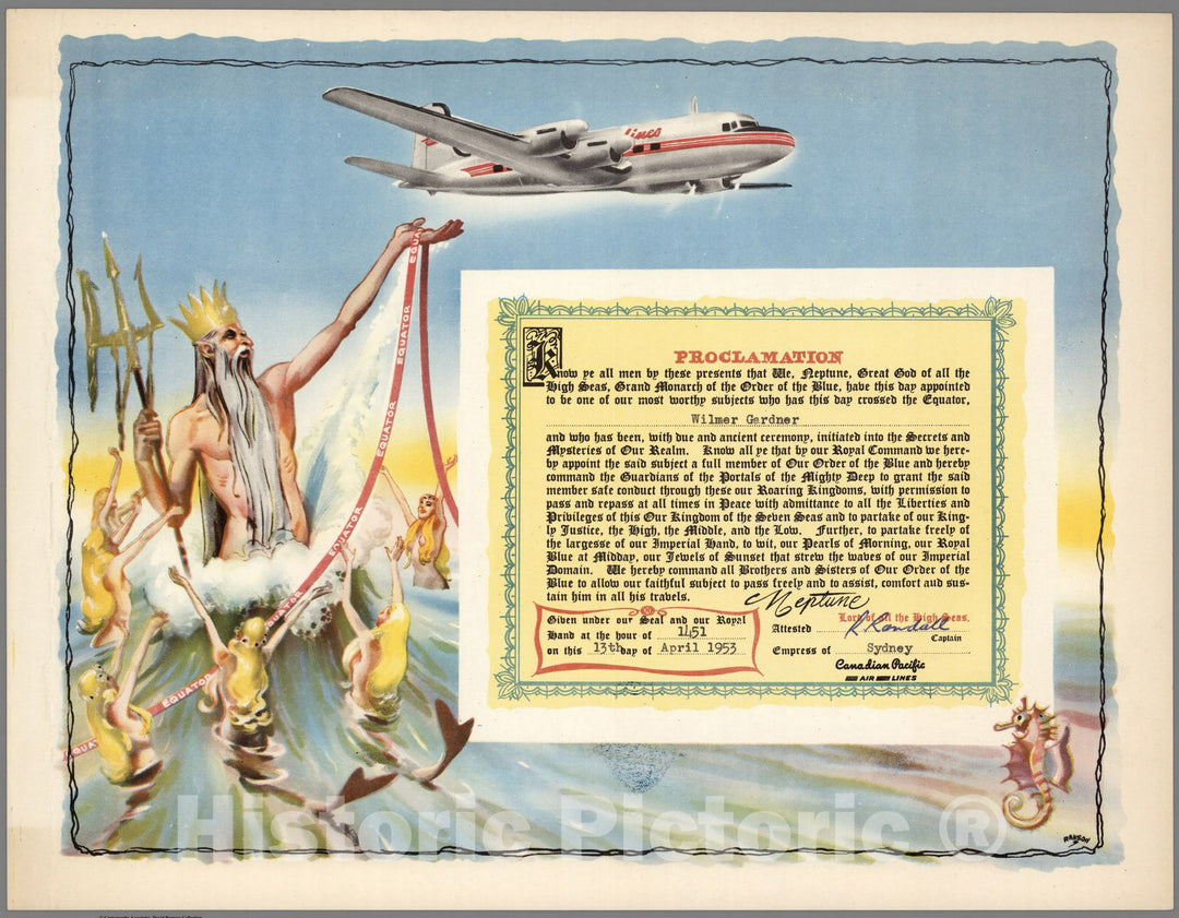 Historic Map : Ephemera, Canadian Pacific Airlines Ephemera. Proclamation: Crossing the Equator. 1953 - Vintage Wall Art