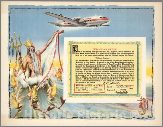 Historic Map : Ephemera, Canadian Pacific Airlines Ephemera. Proclamation: Crossing the Equator. 1953 - Vintage Wall Art