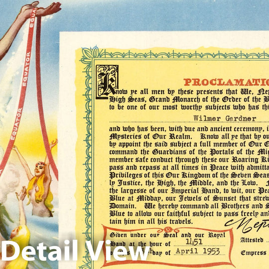 Historic Map : Ephemera, Canadian Pacific Airlines Ephemera. Proclamation: Crossing the Equator. 1953 - Vintage Wall Art