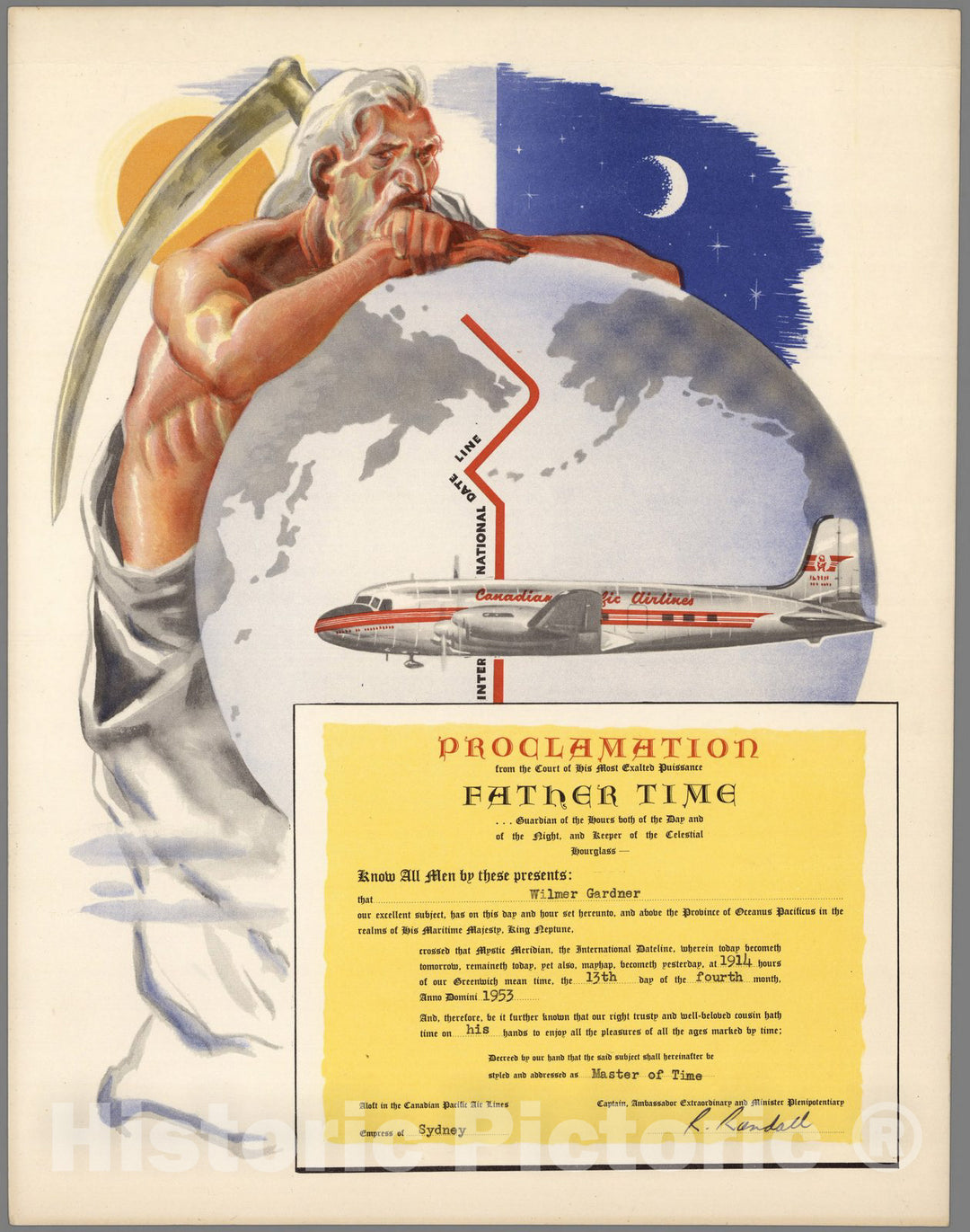 Historic Map : Ephemera, Canadian Pacific Airlines Ephemera. Proclamation: Crossing the International Dateline. 1953 - Vintage Wall Art