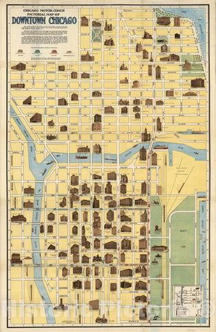 Historic Map - Chicago Motor Coach Pictorial Map of Downtown Chicago, 1940, The Clason Map Company - Vintage Wall Art