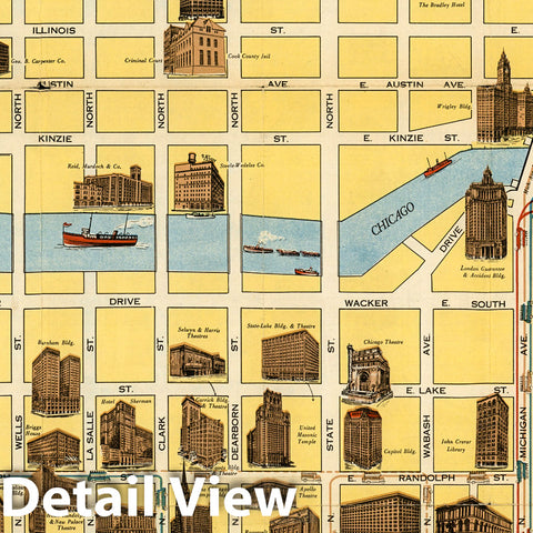 Historic Map - Chicago Motor Coach Pictorial Map of Downtown Chicago, 1940, The Clason Map Company - Vintage Wall Art