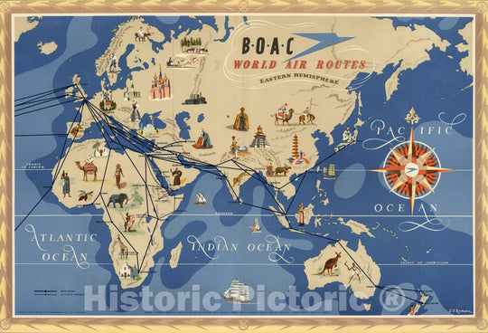 Historic Map : BOAC World Air Routes. Eastern Hemishere. 1949 - Vintage Wall Art