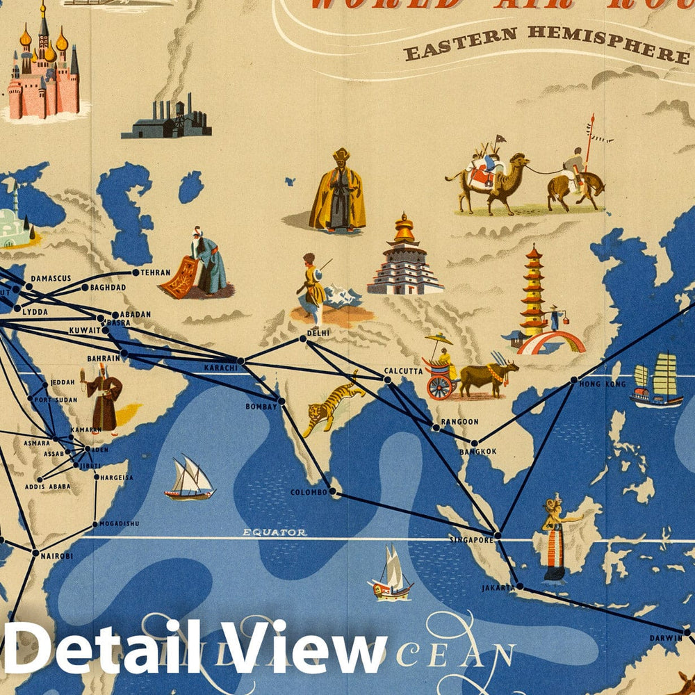 Historic Map : BOAC World Air Routes. Eastern Hemishere. 1949 - Vintage Wall Art