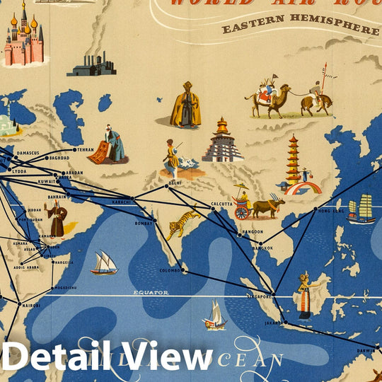 Historic Map : BOAC World Air Routes. Eastern Hemishere. 1949 - Vintage Wall Art