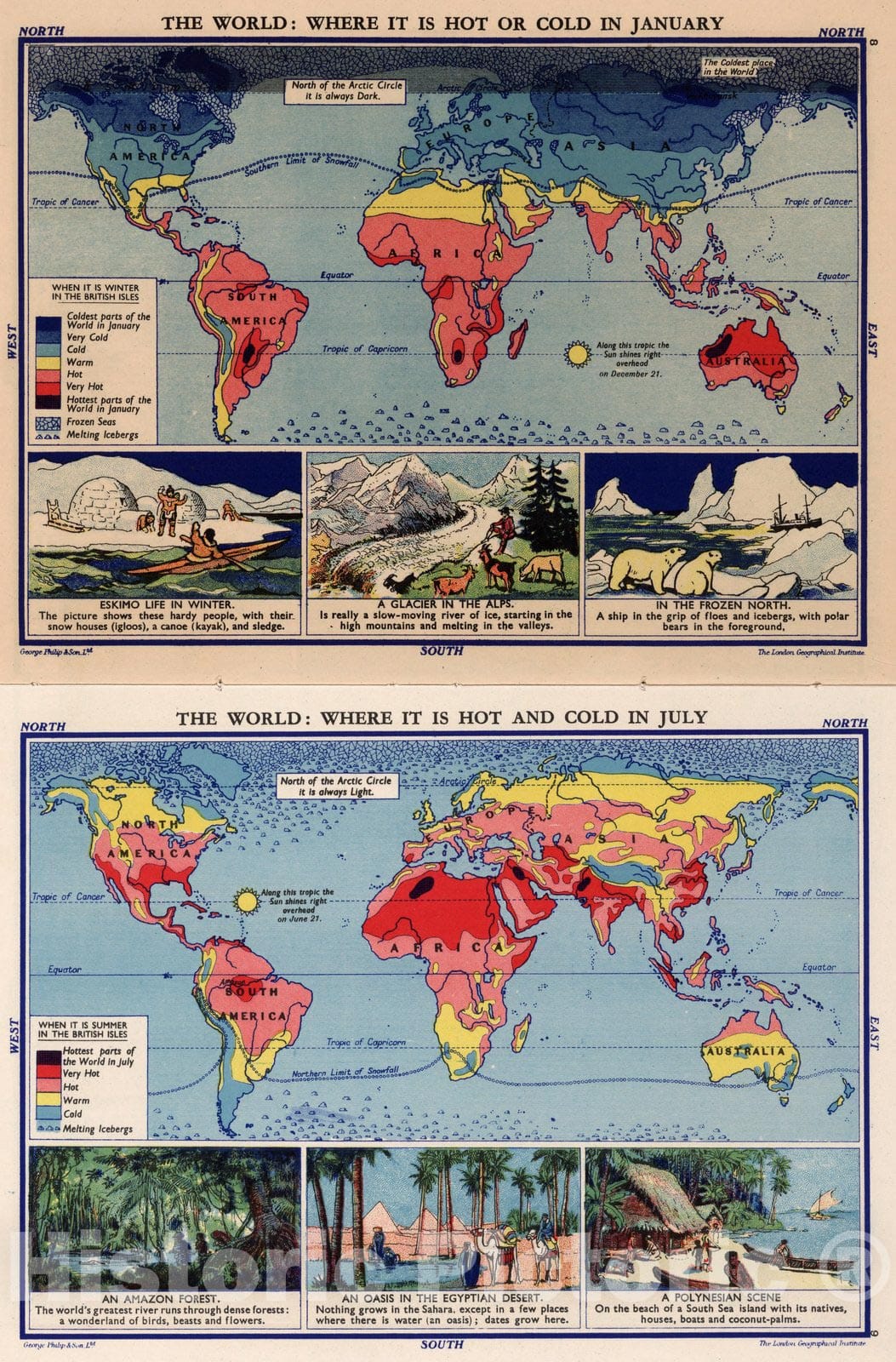 Historic Map : Geography Book, The World: Where it is Hot or Cold in January. The World: Where it is Hot or Cold in July. 1935 - Vintage Wall Art