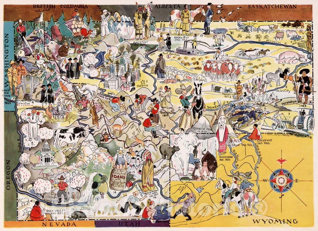 Historic Map : Idaho. Montana. 1932 - Vintage Wall Art