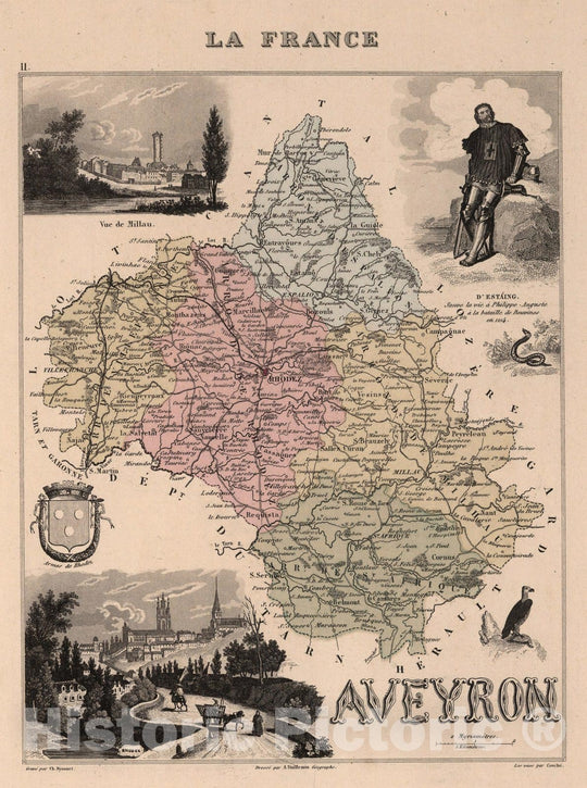 Historic Wall Map : Aveyron. 1869 - Vintage Wall Art
