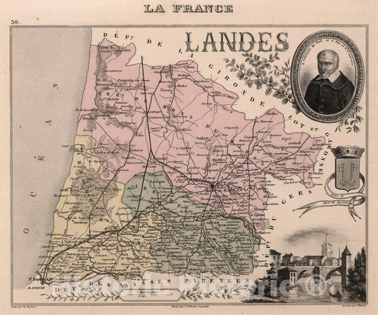Historic Wall Map : Landes. 1869 - Vintage Wall Art
