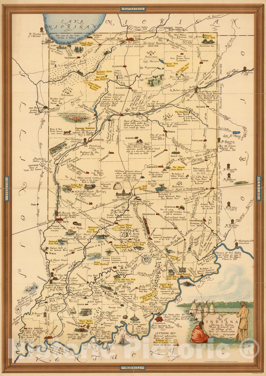 Historic Map - A Map of Indiana Showing its History, Points of Interest, and the Holdings of the Dept. of Conservation, 1932 - Vintage Wall Art