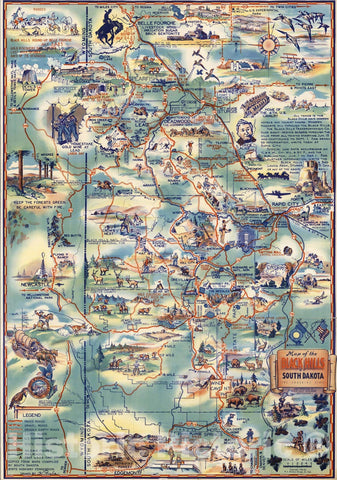 Historic Map : Map of the Black Hills of South Dakota, The Sunshine State, 1940 - Vintage Wall Art