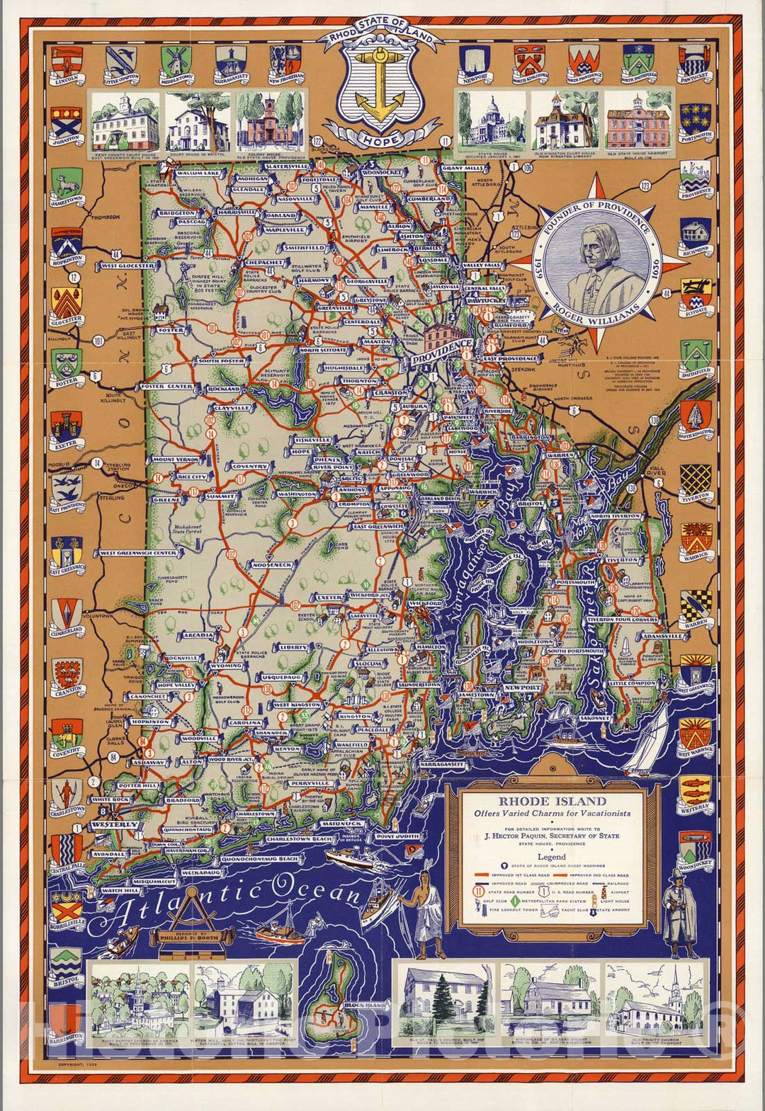 Historic Map : Rhode Island offers Varied Charms for Vacationists. 1939 - Vintage Wall Art