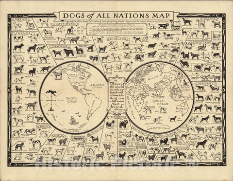 Historic Map - Dogs of All Nations Map, 1936, - Vintage Wall Art