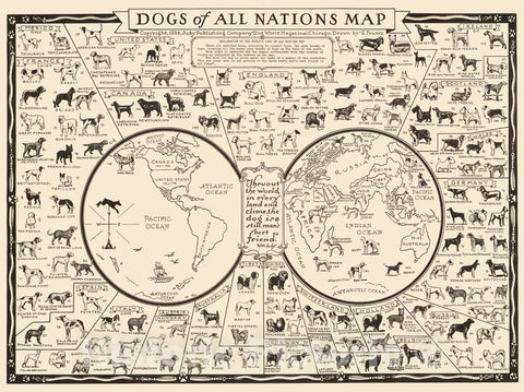 Historic Map - Dogs of All Nations Map, 1936, - Vintage Wall Art
