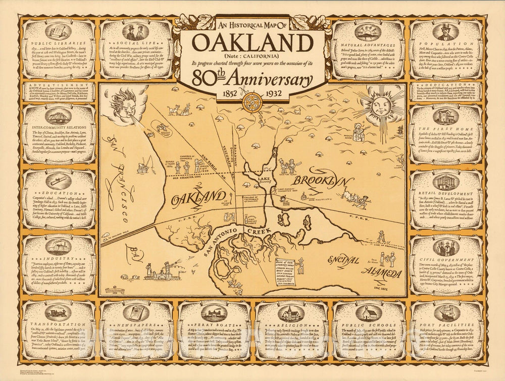 Historic Map - An Map of Oakland on the occasion of its 80th Anniversary, 1852-1932, - Vintage Wall Art