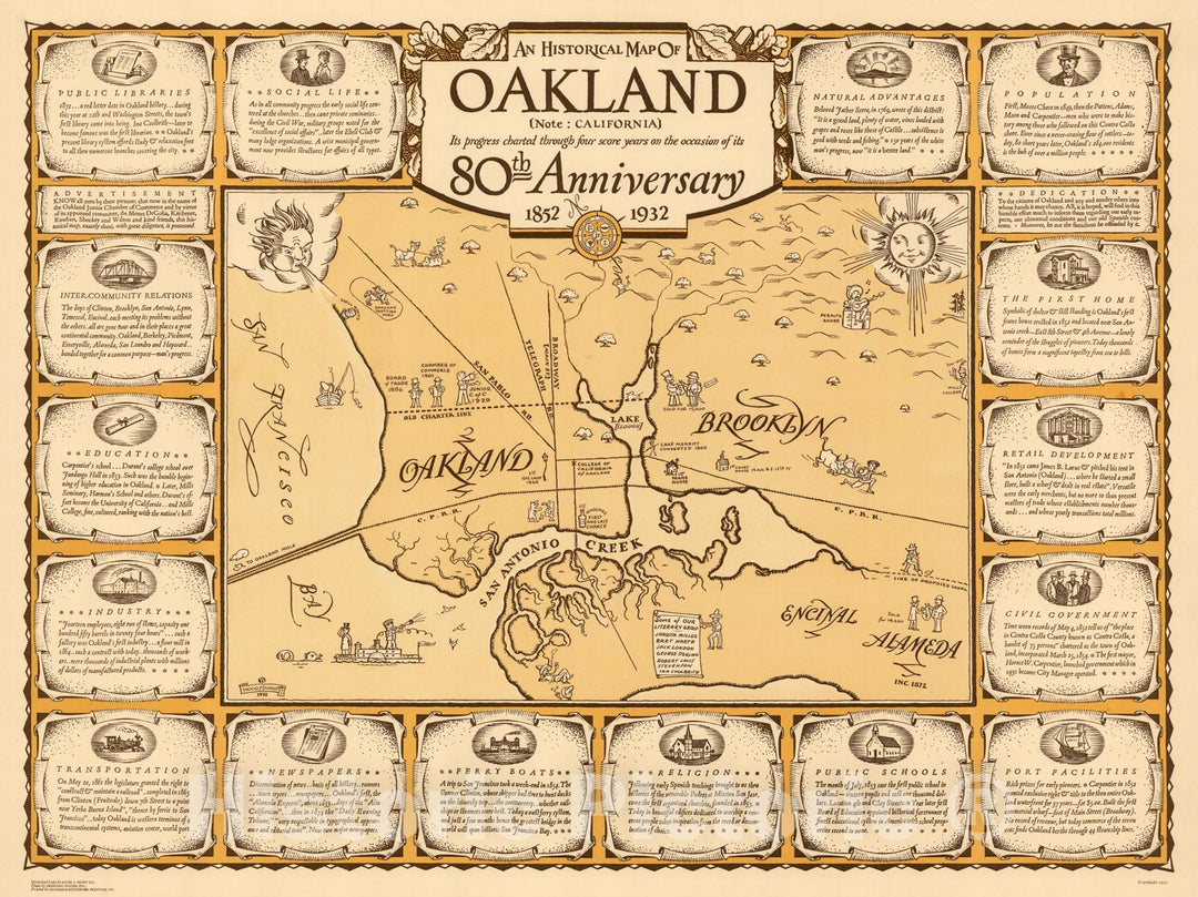 Historic Map - An Map of Oakland on the occasion of its 80th Anniversary, 1852-1932, - Vintage Wall Art