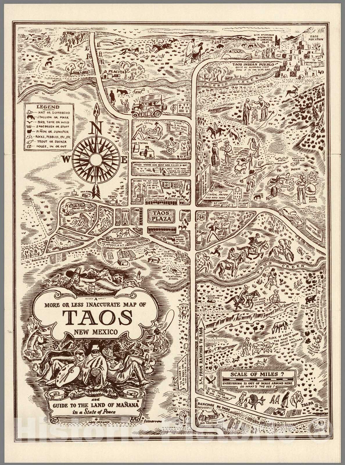 Historic Map : More or Less Inaccurate Map of Taos, New Mexico. Guide to the Land of Ma?na in the State of Peace, 1945 - Vintage Wall Art