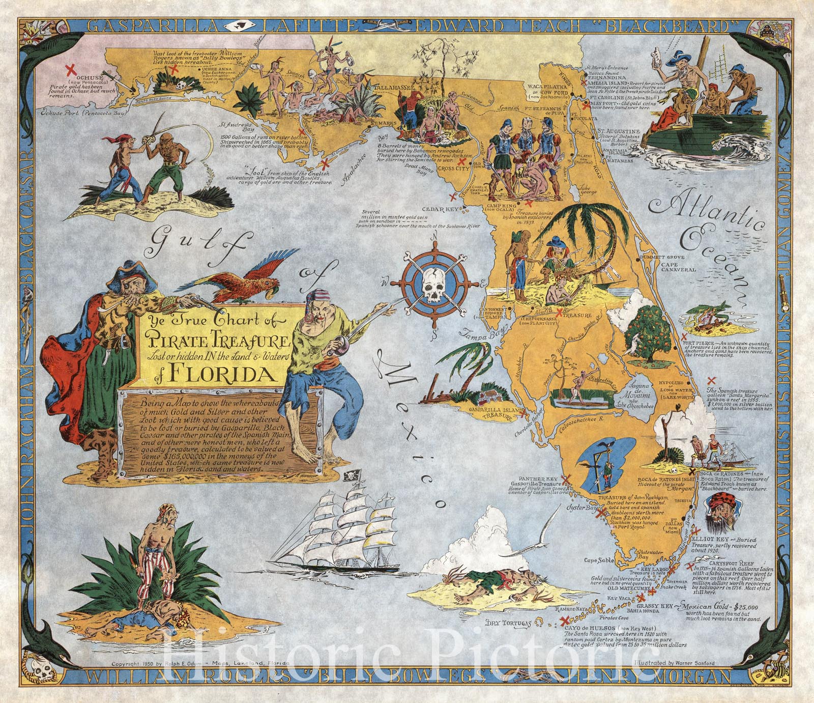 Historic Wall Map : Ye True Chart of Pirate Treasure Lost or Hidden In the Land & Waters of Florida. 1960 - Vintage Wall Art