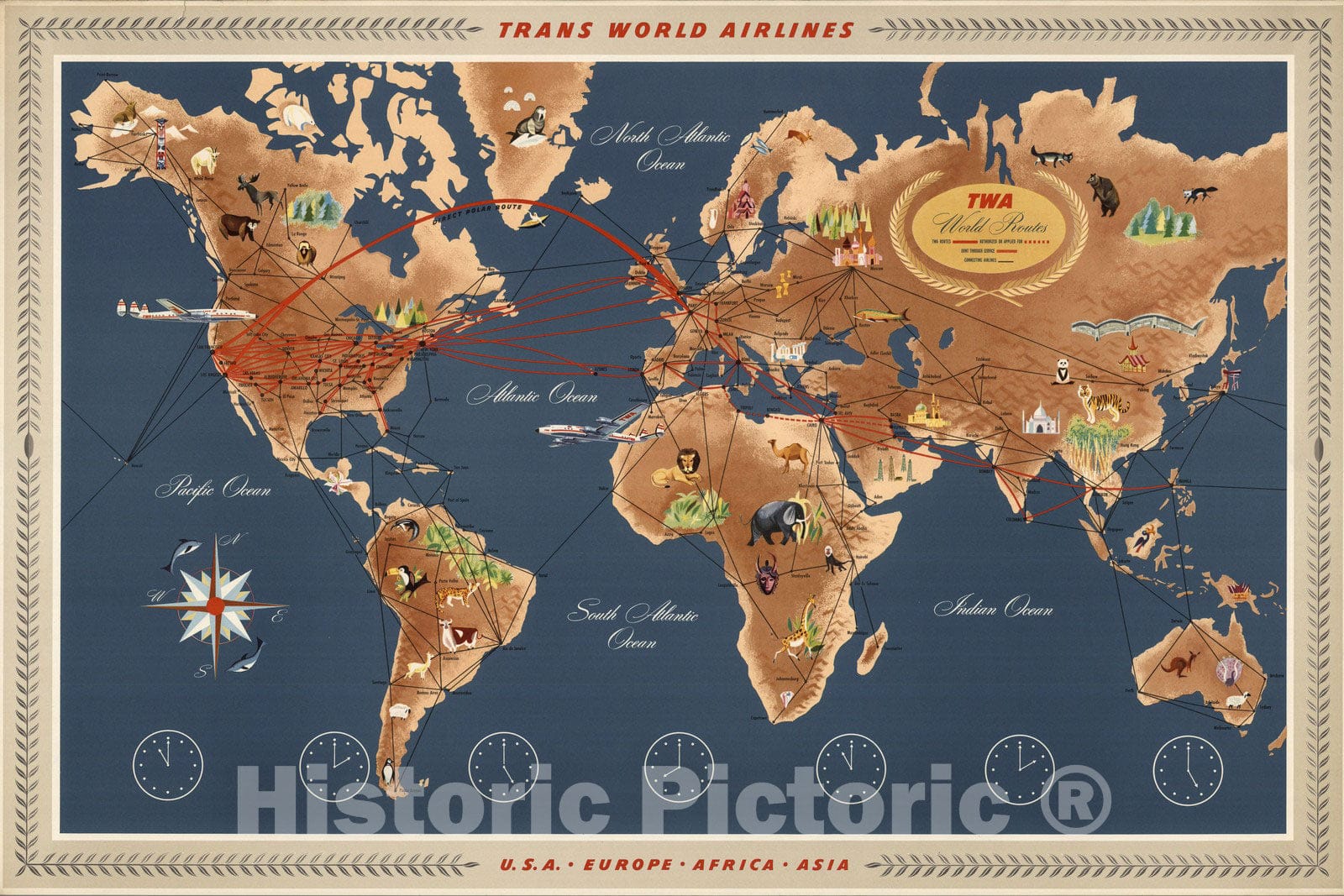 Historic Map : Trans World Airlines. TWA World Routes. U.S.A. ? Europe ...