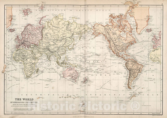 Historic Map : World Atlas Map, World on Mercator's Projection. 1882 - Vintage Wall Art