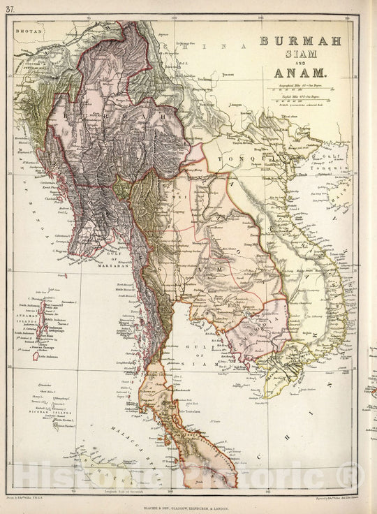 Historic Map : Myanmar,Burmah, Siam, and Anam. 1882 , Vintage Wall Art