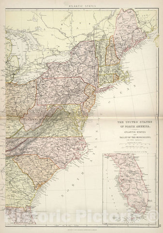 Historic Map : World Atlas Map, United States of North America. Atlantic States and Valley of the Mississippi (in two sheets). 1882 - Vintage Wall Art