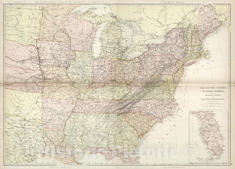 Historic Map : Composite Map: The United States of North America. Atlantic States and Valley of the Mississippi, 1882 - Vintage Wall Art