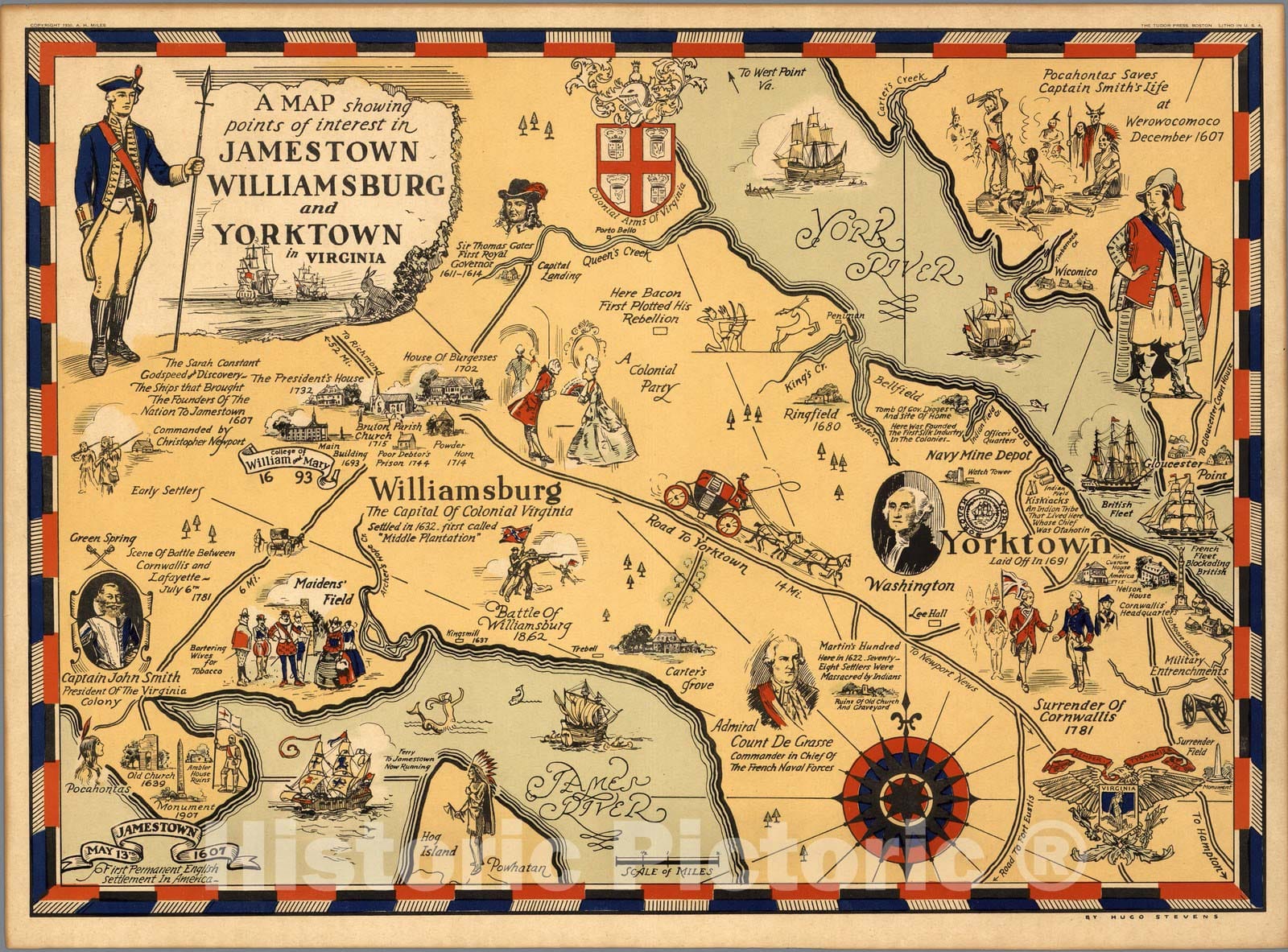 Historic Map - A map showing points of interest in Jamestown, Williamsburg and Yorktown, 1930 - Vintage Wall Art