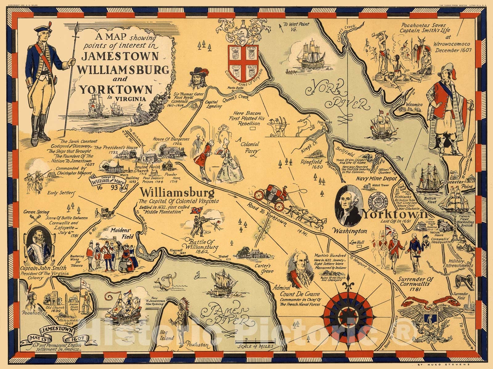 Historic Map - A map showing points of interest in Jamestown, Williamsburg and Yorktown, 1930 - Vintage Wall Art