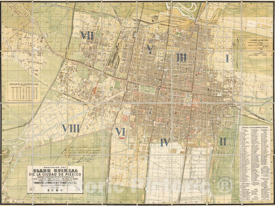 Historic Map : Mexico , City (Mexico), Pocket Map, Reduccion Del Plano Oficial de La Ciudad De Mexico 1900 , Vintage Wall Art