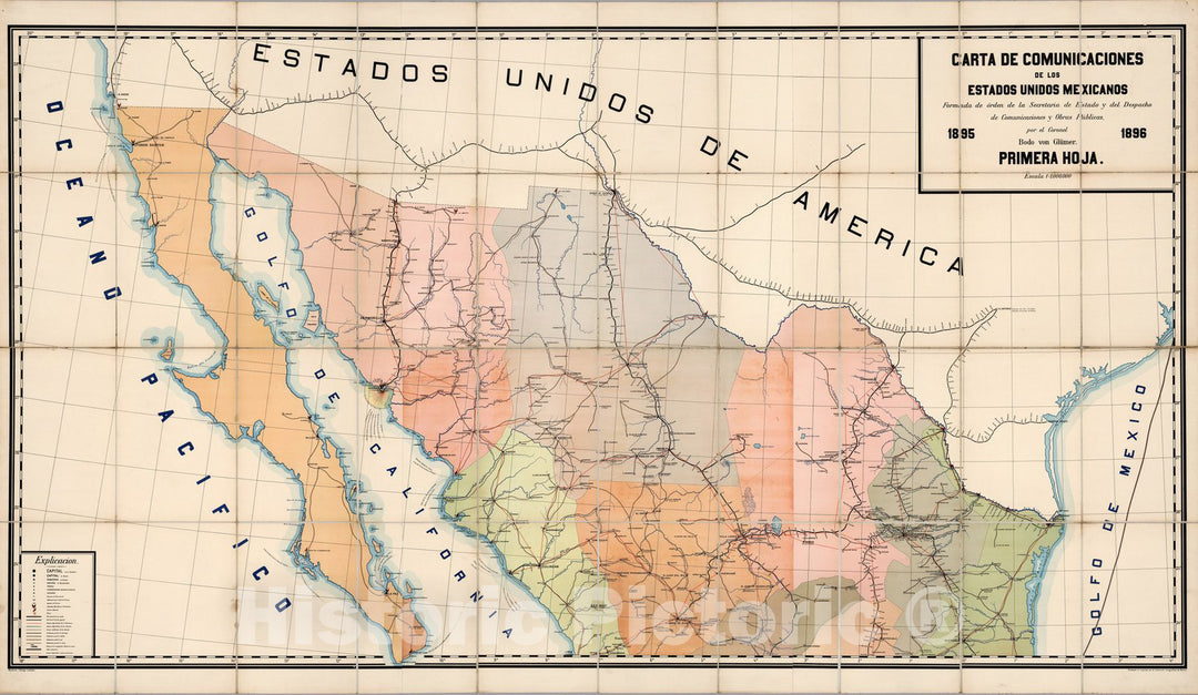 Historic Map : Mexico, Case Map, Carta de Comunicaciones de los Estados Unidos Mexicanos 1896 , Vintage Wall Art