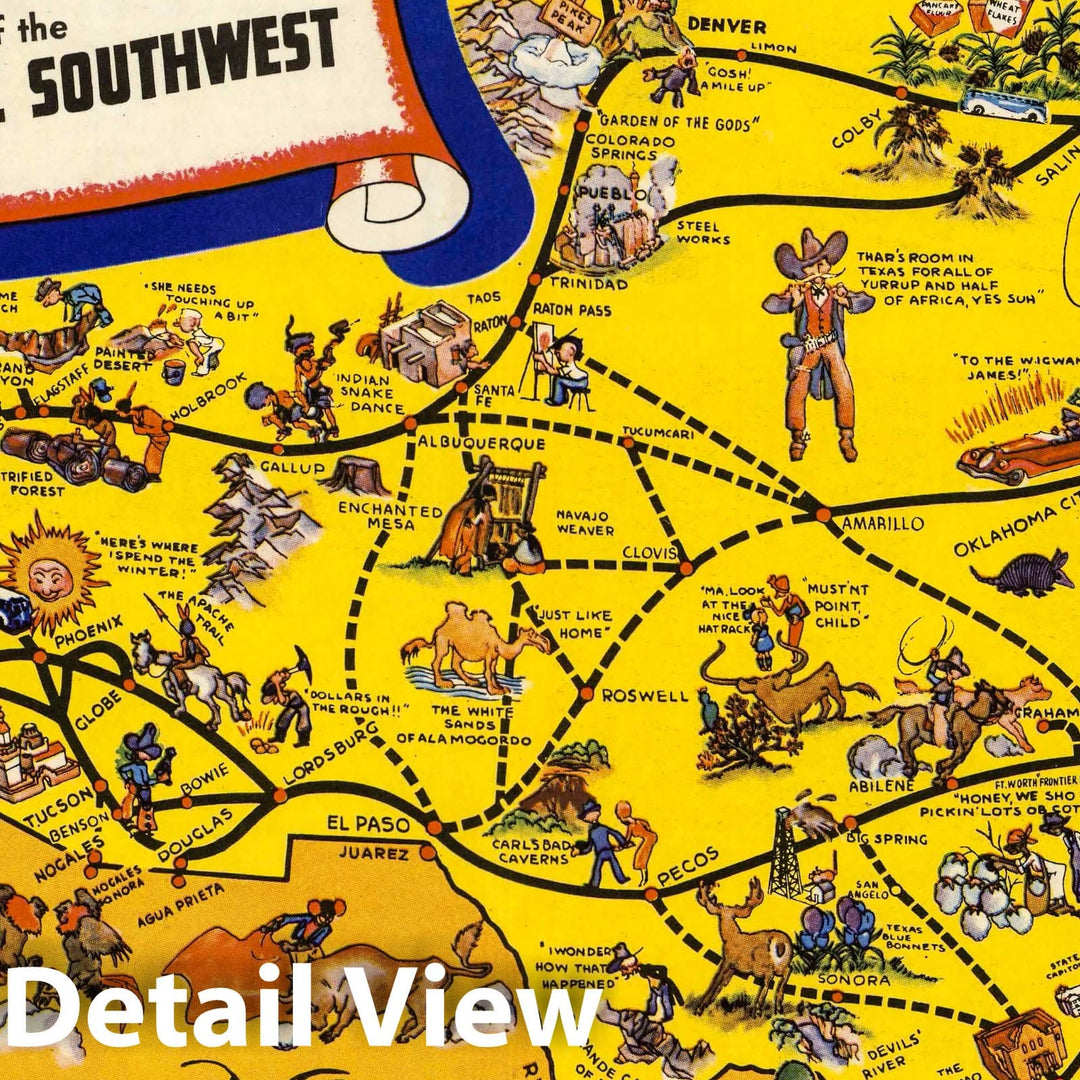 Historic Map : Greyhound's Good Natured Map of the Colorful Southwest, 1939 - Vintage Wall Art