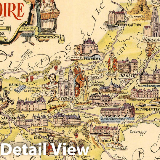 Historic Wall Map : France, Loire River Valley , France Val de Loire. Jacques Liozu 1951 , Vintage Wall Art