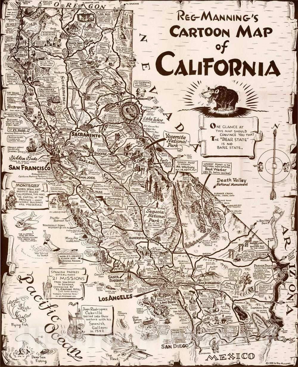 Historic Map - Separate Map: Reg Manning's Cartoon Map of California, 1939 - Vintage Wall Art
